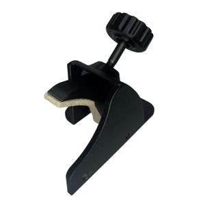 May include: A black clamp with a textured knob and a threaded rod. The clamp has a curved arm and a padded contact surface. The product is designed to secure objects.