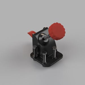 May include: A black mechanical component with a red handle and a red lever. The component is mounted on a black base and secured with four silver bolts. The handle is round and textured.