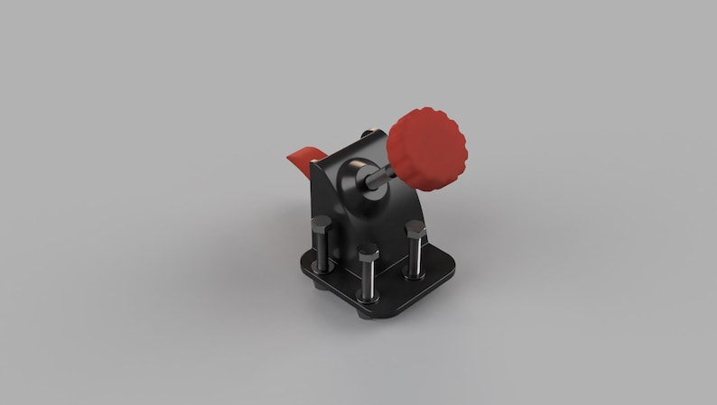 May include: A black mechanical component with a red handle and a red lever. The component is mounted on a black base and secured with four silver bolts. The handle is round and textured.