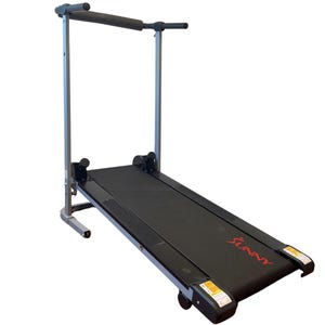 May include: A black and silver treadmill with the word "SUNNY" in red on the side. The treadmill has a black running surface, a silver frame, and a padded bar for support. It has wheels for easy movement.