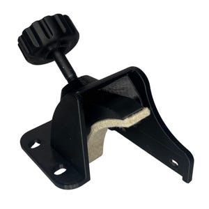 May include: Black adjustable clamp with a textured knob and a felt-lined grip. The clamp has a mounting plate with two holes and a curved arm. The clamp is designed to hold an object in place.