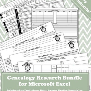 9 Pg Family Research Bundle FOR EXCEL- Fully Customizable | Family Genealogy Binder | Genealogy Research Forms | Genealogy Tool Kit