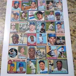 May include: A print featuring vintage baseball cards of legendary players. The cards showcase portraits and action shots of players like Mickey Mantle, Ted Williams, and Jackie Robinson. The print includes text such as "1960 Rookie Star" and "1968 Rookie Stars".