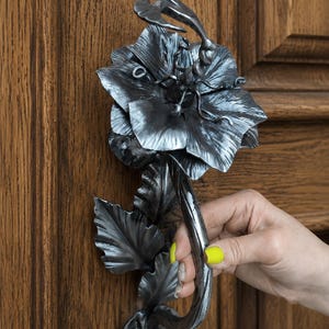 Hand Forged Hummingbird & Lily Door Handle | Wrought Iron Barn Door Pull | Rustic Handmade Hardware