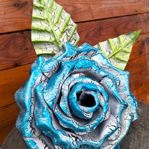 Large Blue Wrought Iron Rose – Hand-Forged Metal Flower with Leaves | Unique Home or Garden Decor