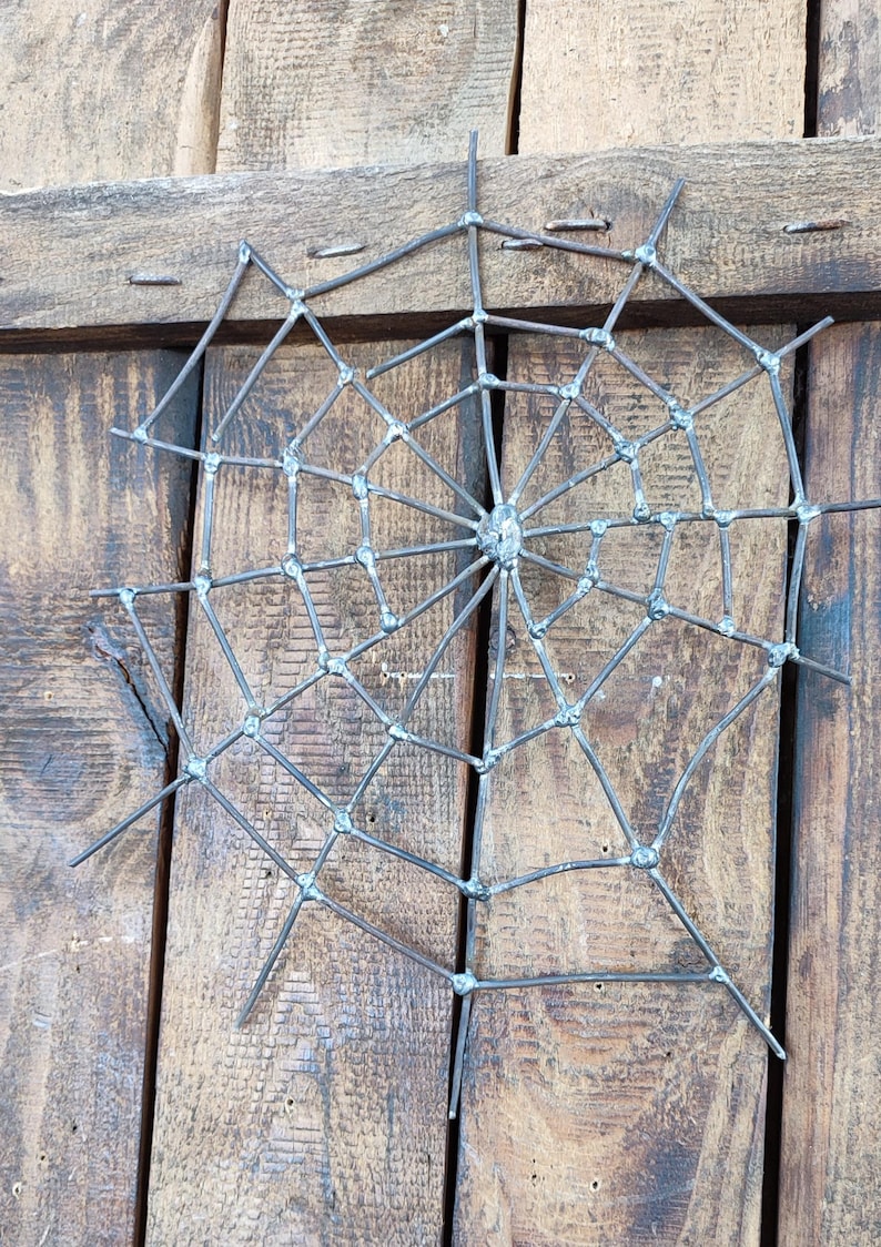 May include: A spider web sculpture constructed from thin, dark grey metal rods joined at intersecting points with visible weld marks. The web features a central hub with radiating spokes connected by concentric, angular segments of metal wire.