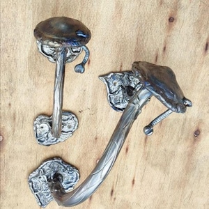 Op de afbeelding: Twee metalen paddenstoelvormige deurgrepen. De handgrepen hebben een zilveren afwerking met een donkere, getextureerde dop. De stelen en basisplaten zijn ingewikkeld gedetailleerd met bladachtige patronen. Gemonteerd op een lichtbruin houten oppervlak.