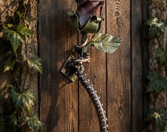 Hand Forged Octopus Tentacle Rose Door Handle, Gothic Nautical Steampunk Hardware