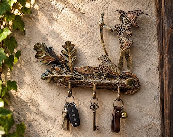 Gancho de pared de metal forjado a mano con forma de bruja, llavero gótico con forma de hoja de roble, arte de pared de fantasía.