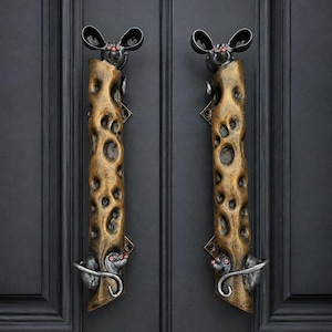 Cheese Door Handles Pair, Mouse Door Pulls, Kitchen Door Hardware, Wrought Iron Handles, Whimsical Cabinet Pulls, Rustic Decor