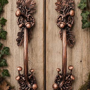 Tiradores de puerta de hierro forjado a mano, con forma de hoja de roble y bellota (par).