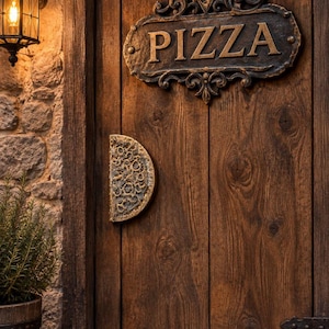 May include: A dark brown wooden door featuring a decorative sign with the word PIZZA in raised lettering and a small pizza slice icon at the top. The door includes a semi-circular handle with a textured surface resembling a pizza topping pattern.