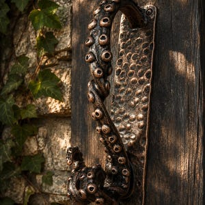 May include: A bronze-toned metal door handle shaped like an octopus tentacle with visible suction cups. The handle is mounted on a rectangular, hammered metal backplate with screw holes at the top and bottom, attached to a dark wooden surface.