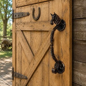 Handgemaakte smeedijzeren paardenkop deurklink | Rustiek brons patina