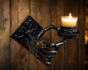 Hand Forged Iron Skeleton Hand Candle Holder, Gothic Skull Wall Sconce