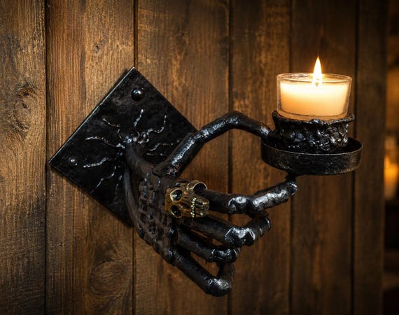 Hand Forged Iron Skeleton Hand Candle Holder, Gothic Skull Wall