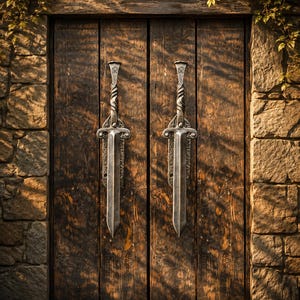 Könnte beinhalten: Ein Paar vertikale Türgriffe aus Metall in Form von Schwertern mit gedrehten Griffen und einem kleinen, in den Knauf eingravierten Runensymbol, montiert an einer dunkelbraunen hölzernen Doppeltür mit vertikalen Brettern und verwitterter Oberfläche.