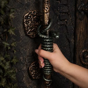 May include: A vertical door handle with a textured bronze finish and a dark green coiled snake wrapped around the centre. The handle is mounted to a dark, rough-surfaced door with two circular, unevenly shaped bronze plates at the top and bottom.