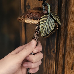 Hand Forged Mushroom Dragonfly Door Handle – Rustic Woodland Cottage Iron Pull