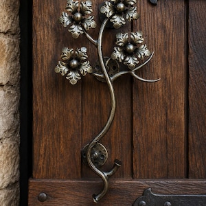 May include: A dark bronze-toned metal door handle shaped like a slender, curving branch with three detailed floral blossoms at the top. The handle is mounted onto a vertical dark brown wooden door with visible grain and dark metal hardware accents.