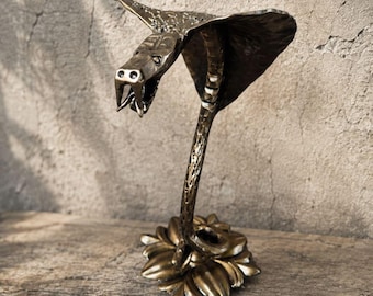 Handmade Bronze Patina Snake Sculpture, Gothic Cobra Decor, Medical Symbol Statue