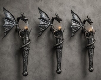 Hand-Forged Dragon Wall Sconce, Medieval Gothic Iron Lamp, Fantasy Decor