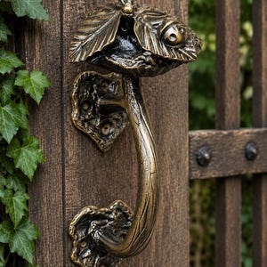 May include: A bronze-toned metal door handle featuring a curved, textured grip and a decorative top plate shaped like a mushroom with a small insect perched on the cap. The handle is mounted to a dark brown wooden door with visible metal rivets.
