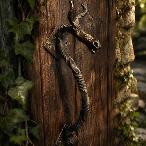 May include: A dark metal door handle shaped like a dragon with a twisted, spiraled body. The handle is mounted to a wooden door with two square metal plates, each featuring visible screw holes at the top and bottom for secure attachment.