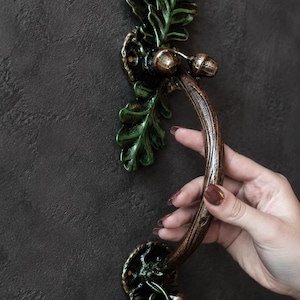 Hand Forged Oak Leaf Door Handle, Acorn Pull, Rustic Gothic Gate Handle, Nature Inspired Iron Door Hardware, Cottagecore Decor
