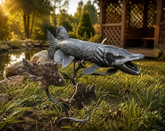 Home & Living garden decor. fish in the garden. predator of the lake. abandoned rates.