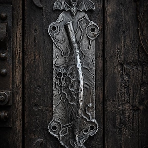 May include: A dark silver-toned metal door handle featuring a textured, hammered finish. The rectangular backplate displays an embossed design of a bat at the top, a skull in the center, and intricate vine-like patterns throughout the surface.