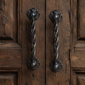 Può includere: Due maniglie per porta in metallo grigio scuro con un design a corda intrecciata e piastre di montaggio circolari a forma di fiore, fissate su una porta in legno marrone scuro con venature visibili e dettagli a pannelli verticali.