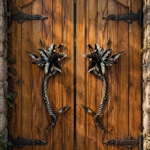 Puede incluir: Un par de puertas dobles de madera arqueadas con tablones verticales y bisagras de metal oscuro. Cada puerta cuenta con un gran tirador decorativo de metal negro con forma de flor, con un tallo trenzado y detalles de hojas.