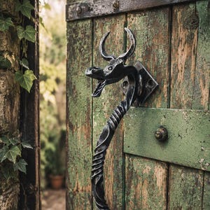 Puede incluir: Un tirador de puerta de metal negro con forma de dragón y cuerpo retorcido en espiral. El tirador presenta una cabeza de dragón detallada con cuernos y la boca abierta, montado sobre una puerta de madera verde desgastada con pintura descascarada.