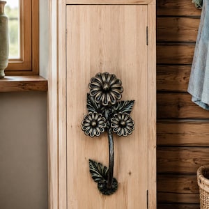 Handmade Wrought Iron Flower Door Handles – Rustic Bronze Patina Floral Pulls
