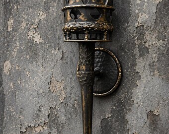Hand Forged Medieval Torch Sconce, Gothic Castle Wall Light, Wrought Iron Lantern