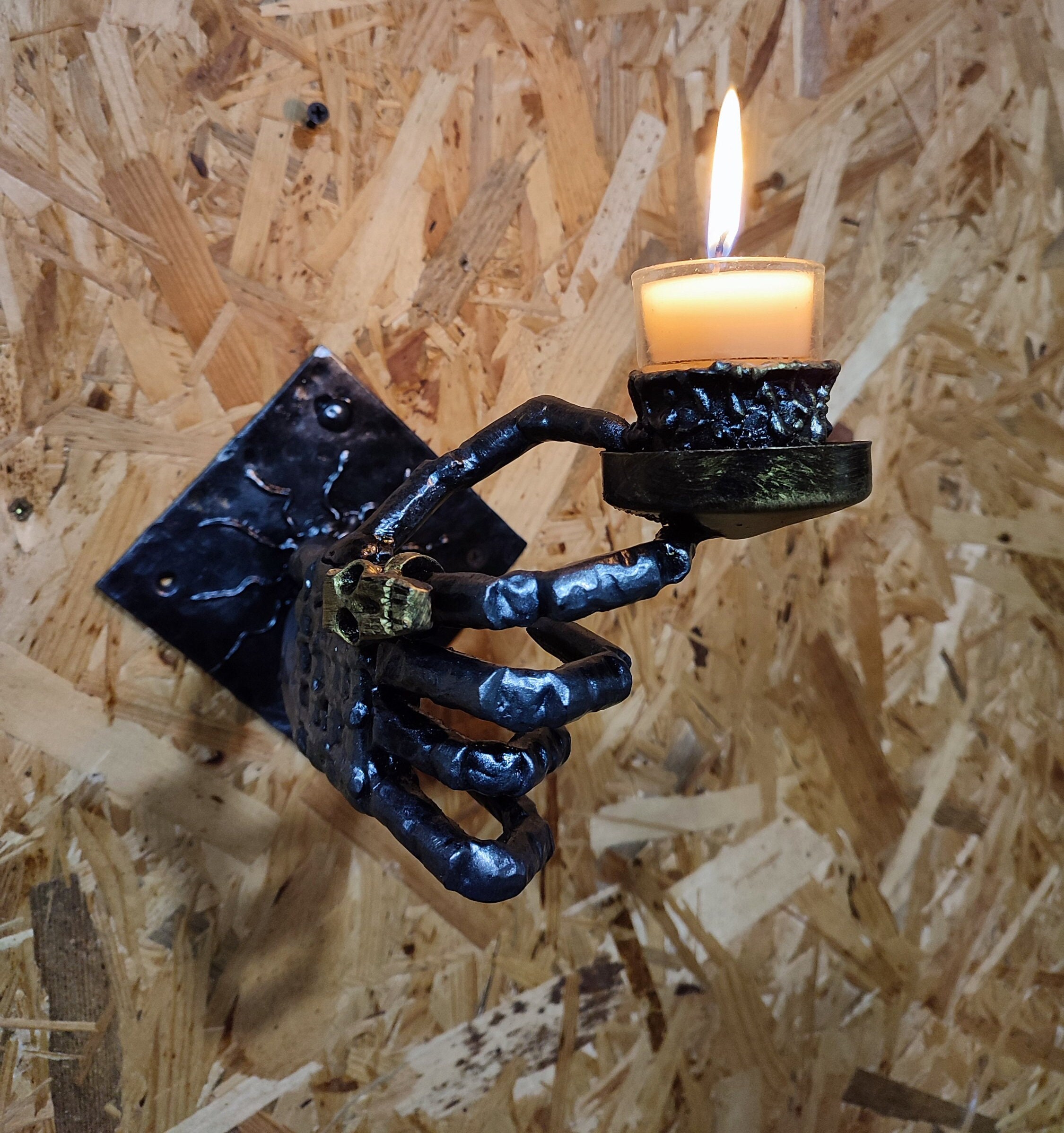 Hand Forged Iron Skeleton Hand Candle Holder, Gothic Skull Wall