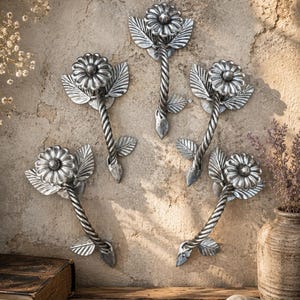 Hand Forged Steel Flower Door Handles, Rustic Floral Pulls, Artisan Entry Hardware