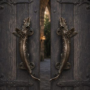 May include: A pair of dark bronze-toned metal door handles shaped like whales, mounted on a set of weathered dark wooden double doors. The handles feature detailed fins and textured surfaces, secured with metal plates at the top and bottom.
