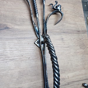 Peut inclure: Une poignée de porte en métal noir avec un design en corde torsadée et un élément floral décoratif. La poignée est montée sur une surface en bois.