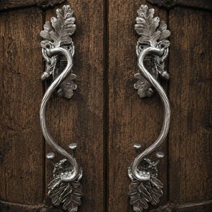 Puede incluir: Un par de manijas de puerta de metal plateado con un diseño curvo similar a una enredadera. Cada manija está montada sobre una placa decorativa con forma de hojas de roble y bellotas, fijada a una puerta de madera marrón oscura.