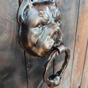 Puede incluir: Un llamador de puerta de bronce con forma de cabeza de bulldog con un asa de anillo. El llamador está montado en una puerta de madera.