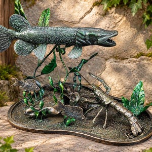 Puede incluir: Una escultura de metal que muestra un lucio grande nadando sobre un cangrejo de río y peces más pequeños en una base texturizada. La pieza tiene un acabado en tonos verde oscuro y bronce, con plantas acuáticas esculpidas integradas.
