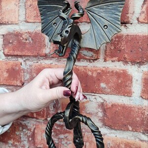Hand-Forged Wrought Iron Dragon Door Handle – Gothic Medieval Ring Pull Hardware
