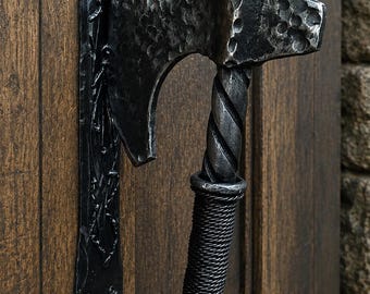 Forged Iron Viking Axe Door Handle, Medieval Gothic Rustic Hardware Pull