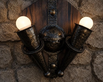 Hand Forged Medieval Torch Wall Sconce, Viking Castle Lighting, Rustic Shield Lantern Decor