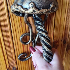 May include: A decorative metal jellyfish sculpture with a dark bronze finish and gold accents. The sculpture features a textured, rounded top and spiraling tendrils. The jellyfish is mounted on a wooden surface.