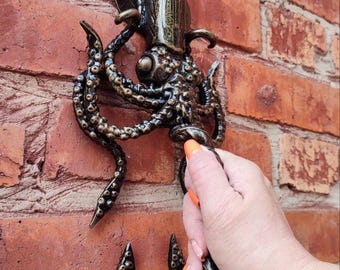 Hand Forged Squid Door Handle – Nautical Iron Pull, Trident, Gothic Fantasy Decor