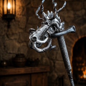 Könnte beinhalten: Ein handgeschmiedeter Kaminbesteck-Schürhaken aus Metall mit einem detaillierten Drachenkopf-Griff. Der Drache hat geschwungene Hörner, strukturierte Schuppen und ein Maul mit markanten Stoßzähnen. Der Schaft hat einen kreuzschraffierten Griff.