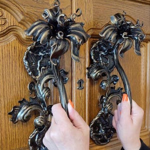 Hand Forged Wrought Iron Lily Door Handles Set, Blacksmith Floral Hardware, Luxury Entrance Pulls